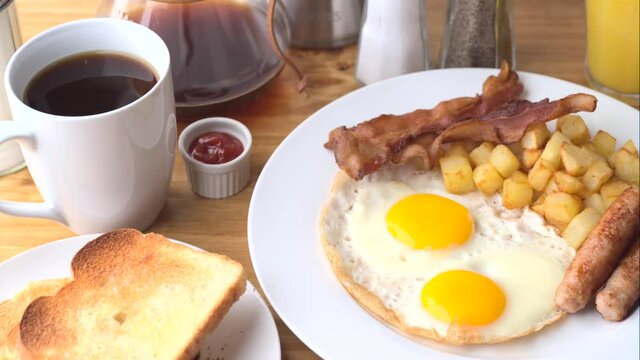 traditional american breakfast on wooden table