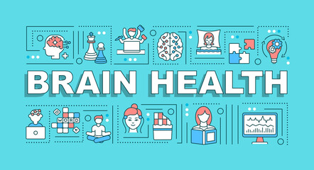 Brain health word concepts banner. Neurological studies, mental diseases diagnostics. Infographics with linear icons on turquoise background. Isolated typography. Vector outline RGB color illustration - obrazy, fototapety, plakaty