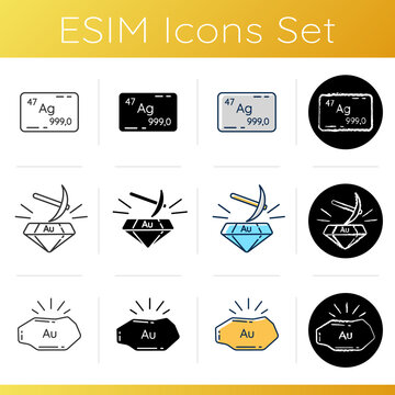 Gold mining icons set. Argentum element. Precious metal mining. Gemstone for jewellery. Golden nugget. Mineral ore. Linear, black and RGB color styles. Isolated vector illustrations