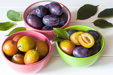 blue and yellow plums in bowls on a white background view above. background with plums and green leaves. harvest of plums.