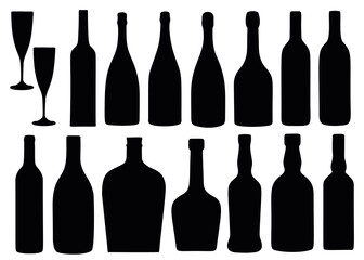 Alcoholic beverages in the bottle. Wine and champagne in bottles in the set.