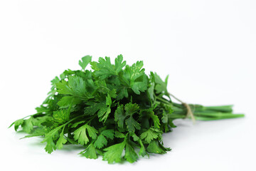 Bunch of fresh parsley isolated on white background, top view