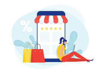 Discount online Shopping.  Woman  shop via store  on black friday shop Flat Vector Illustration