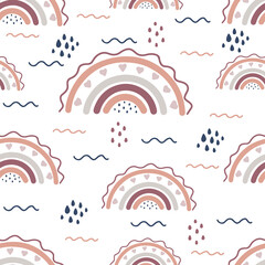 Scandinavian style rainbow seamless pattern with heart shaped elements. Cute abstract rainbows in nordic colors on white background.