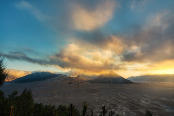Beautiful Panoramic sunset view of Bromo active volcano in Bromo Tengger Semeru National Park,  East Java, Indonesia