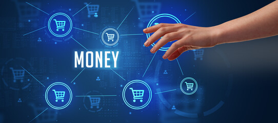 Close-Up of cropped hand pointing at MONEY inscription, online shopping concept