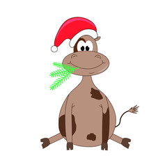 A bull in a New Year's hat and with a branch of a Christmas tree in his mouth. Vector. Symbol of the year. Feast of Christmas.
