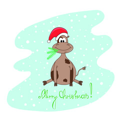 A bull in a New Year's hat and with a branch of a Christmas tree in his mouth. Vector. Symbol of the year. Feast of Christmas.