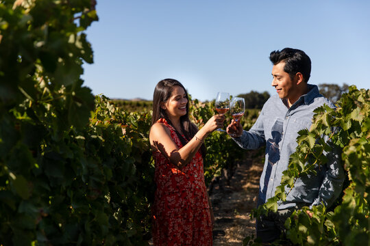 Attractive Couple Walk through a Vineyard
