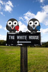 Comical avian United States of America presidential candidates perched on a sign