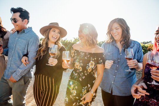 Friends with Wine Smile Together