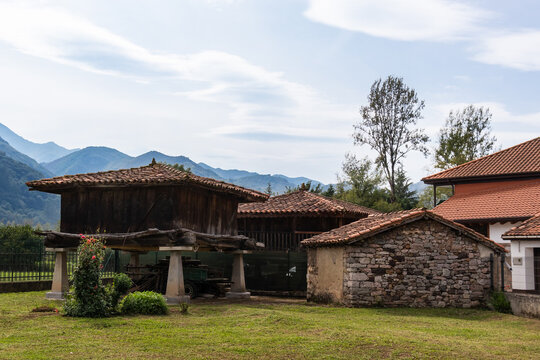 H&oacute;rreo, traditional granary from the North of Spain, built in wood and stone on four pillars that raise the horreo from the floor. Surrounded by traditional stone houses. Asturias, North Spain