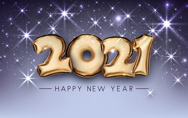 Golden foil balloon 2021 sign on violet background.