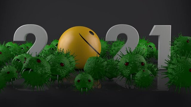 3D animation of many coronaviruses with teeth and the appearance of a good 2021 year in which the disease falls and disappears. The idea of 2021, the victory over covid-19