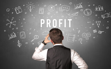 Rear view of a businessman with PROFIT inscription, modern business concept