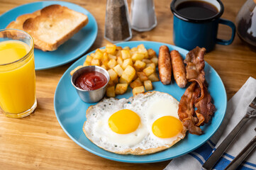 traditional american breakfast on wooden table