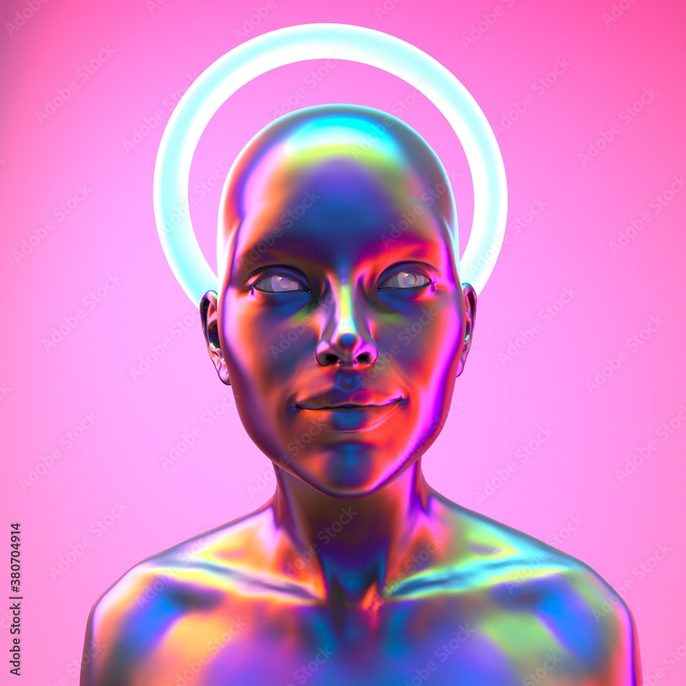 Poster human or robot with halo above the head. 3d render illustration, concept of artificial intelligence 