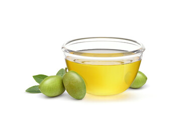 Glass bowl of  Virgin olive oil with olives and leaves isolated on white background.
