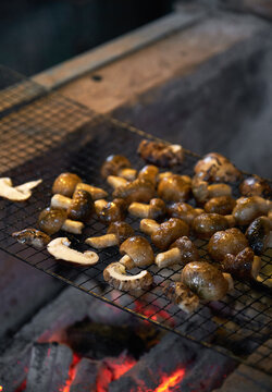 Fresh Wild Mushrooms, Grilled On Charcoal Fire. On An Outdoor Picnic Party