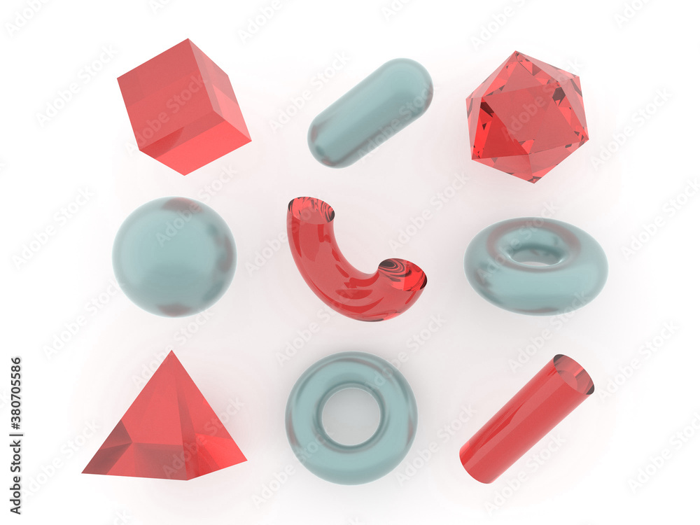 Poster Set of 3d render realistic primitives on white background. Isolated graphic elements: sphere, torus, cube, icosahedron and other geometric shapes made of glass.