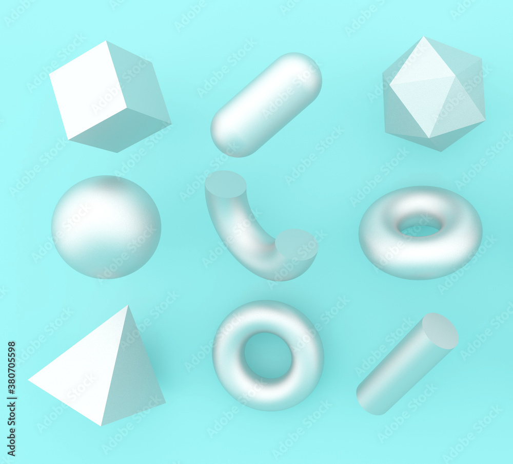 Poster set of 3d render realistic primitives on pastel background. isolated graphic elements: sphere, torus