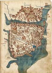 Ancient map of Constantinople city from rare book by Cristoforo Buondelmonti printed in 1475.