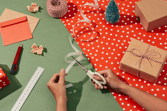 Gift box wrapped and christmas toys and wrapping materials.