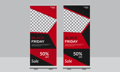 Black Friday Roll Up Banner Design. Horizontal sale poster Black and Red