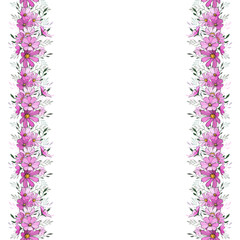 Vertical floral border with beautiful pink flower. Seamless brush pattern. Design for greeting card, wedding invitation, banner. print, textile. Vector.