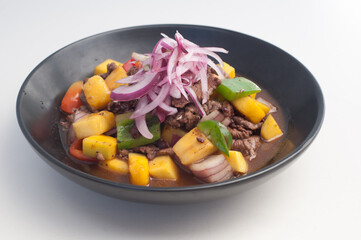 mango beef in white background
