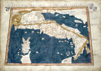 Italy old map from rare medieval book Geography by Claudius Ptolemy published in 1480.