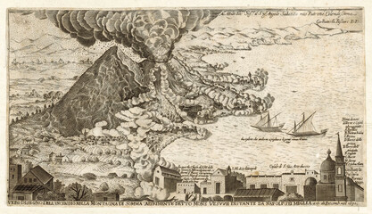 Eruption of Vesuvius in 1631 near Naples, Italy. Ancient painting by Giovanni Battista Passeri, XVII cent.