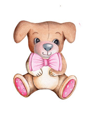 Cute cartoon watercolor illustration of fun baby pup dog puppy, sitting. Isolated. 