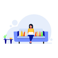 Girl with laptop sitting on the couch. Online shopping. illustration in flat style.Vector.EPS10