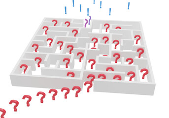 Red question marks entering a maze and exiting turning into blue exclamation marks - 3d illustration