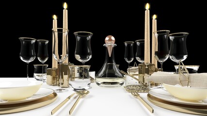 Elegant dinning table with wine glasses, plates and candles set for christmas dinner. - obrazy, fototapety, plakaty