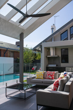 Outdoor living area with small pool
