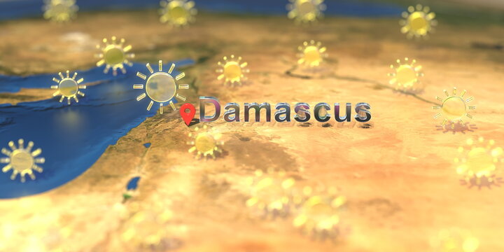 Sunny weather icons near Damascus city on the map, weather forecast related 3D rendering