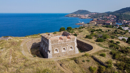 Aerial view of the Fort Carre near Collioure along the coast of the Mediterranean Sea in the South...