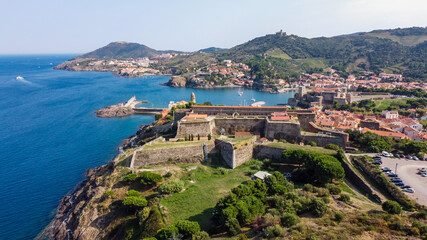 Fototapeta na wymiar Aerial view of the Fort Miradou in the town of Collioure along the coast of the Mediterranean Sea in the South of France - Catalan fortification in the Eastern Pyrenees