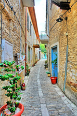 Fototapeta na wymiar Streets in Pano Lefkaravillage on the island of Cyprus famous for its lace