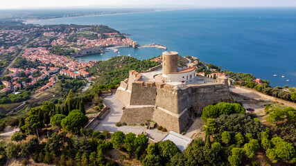 Aerial view of the Fort Saint Elme above the town of Collioure in the south of France - Star shaped...