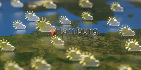 Hamburg city and partly cloudy weather icon on the map, weather forecast related 3D rendering