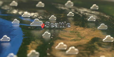 Seattle city and cloudy weather icon on the map, weather forecast related 3D rendering