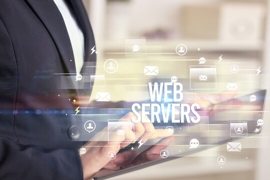 Close-up of a tablet searching WEB SERVERS inscription, modern technology concept