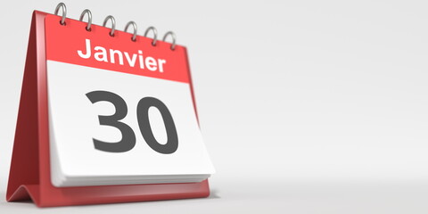 January 30 date written in French on the flip calendar page, 3d rendering