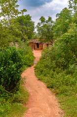 Fototapeta na wymiar Mud houses with Unpaved Zig Zag Rural road .