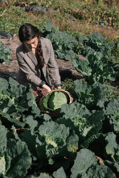 Gardener With Basket Walking Through Field