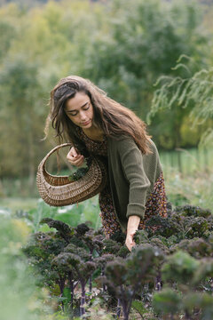 Gardener With Basket Walking Through Field