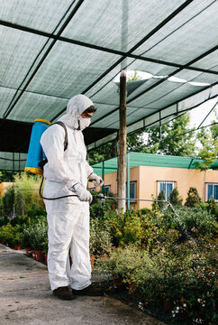 Man wearing a professional protective coverall to fumigate plant